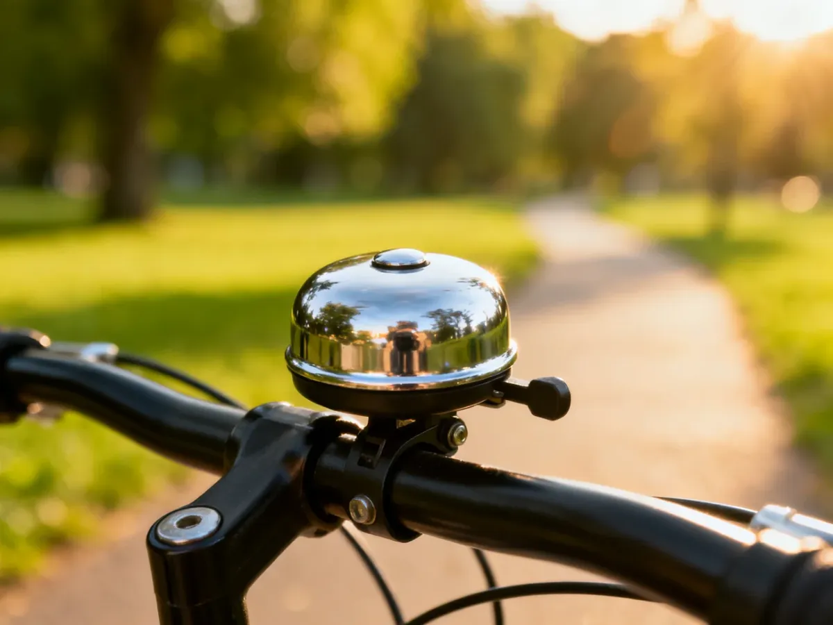 Srebrny dzwonek rowerowy zamontowany na kierownicy na tle rozmytej parkowej ścieżki.