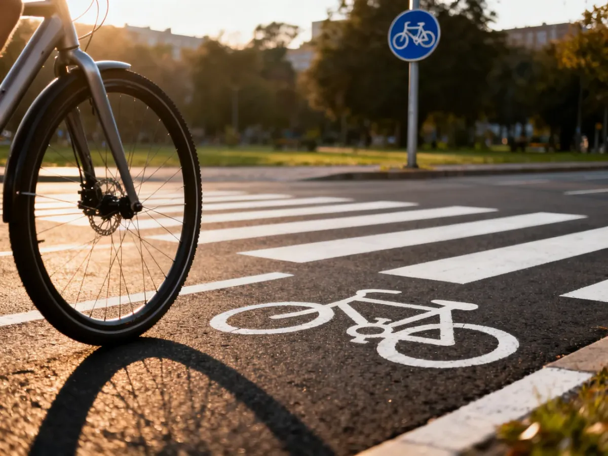 Przejazd dla rowerzystów oznaczony białymi pasami i symbolem roweru na asfalcie wraz z widocznym znakiem drogowym.