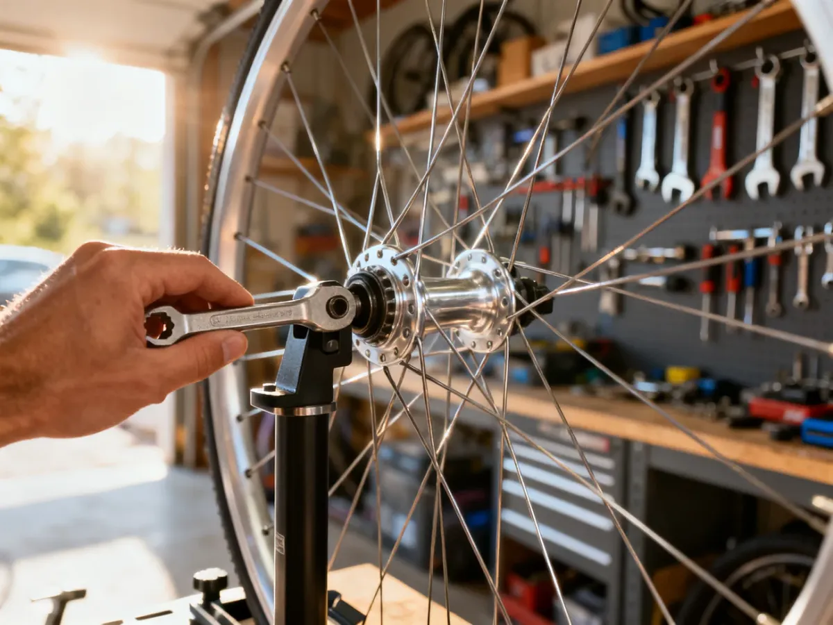 Mechanik używa klucza do szprych, aby wycentrować koło rowerowe zamontowane na profesjonalnym stojaku serwisowym.