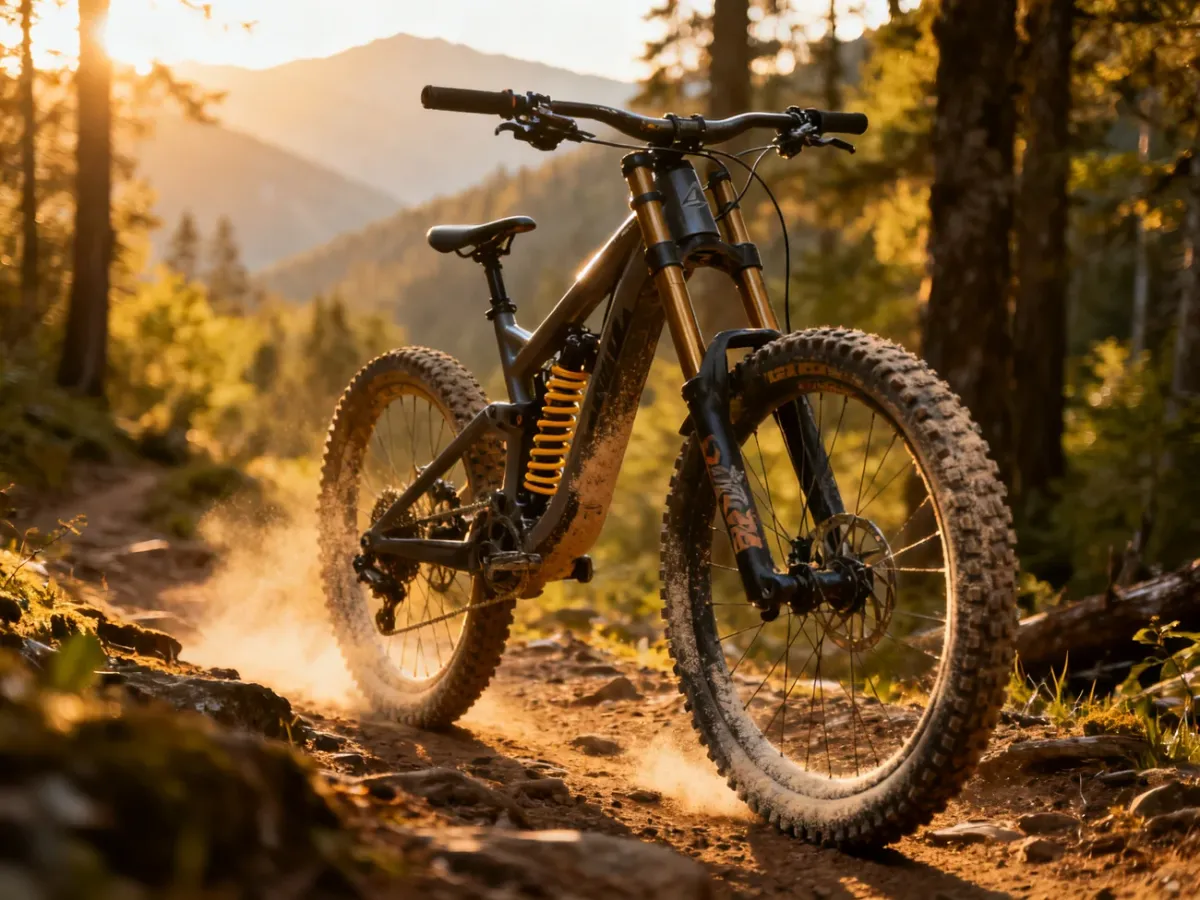 Profesjonalny rower enduro zaparkowany na leśnej ścieżce w promieniach zachodzącego słońca.