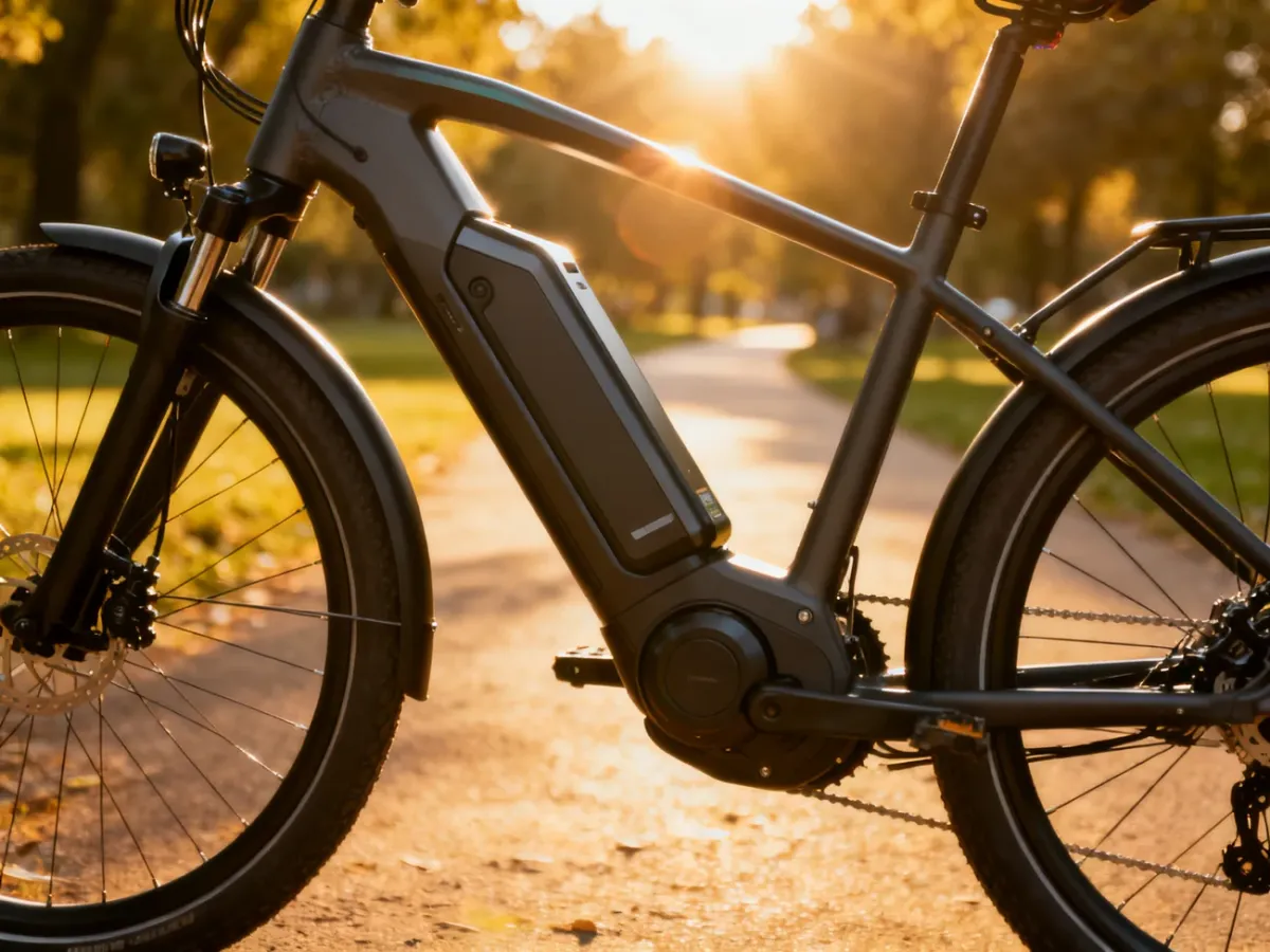 Zbliżenie na zintegrowaną baterię i silnik nowoczesnego roweru elektrycznego na tle słonecznego parku.