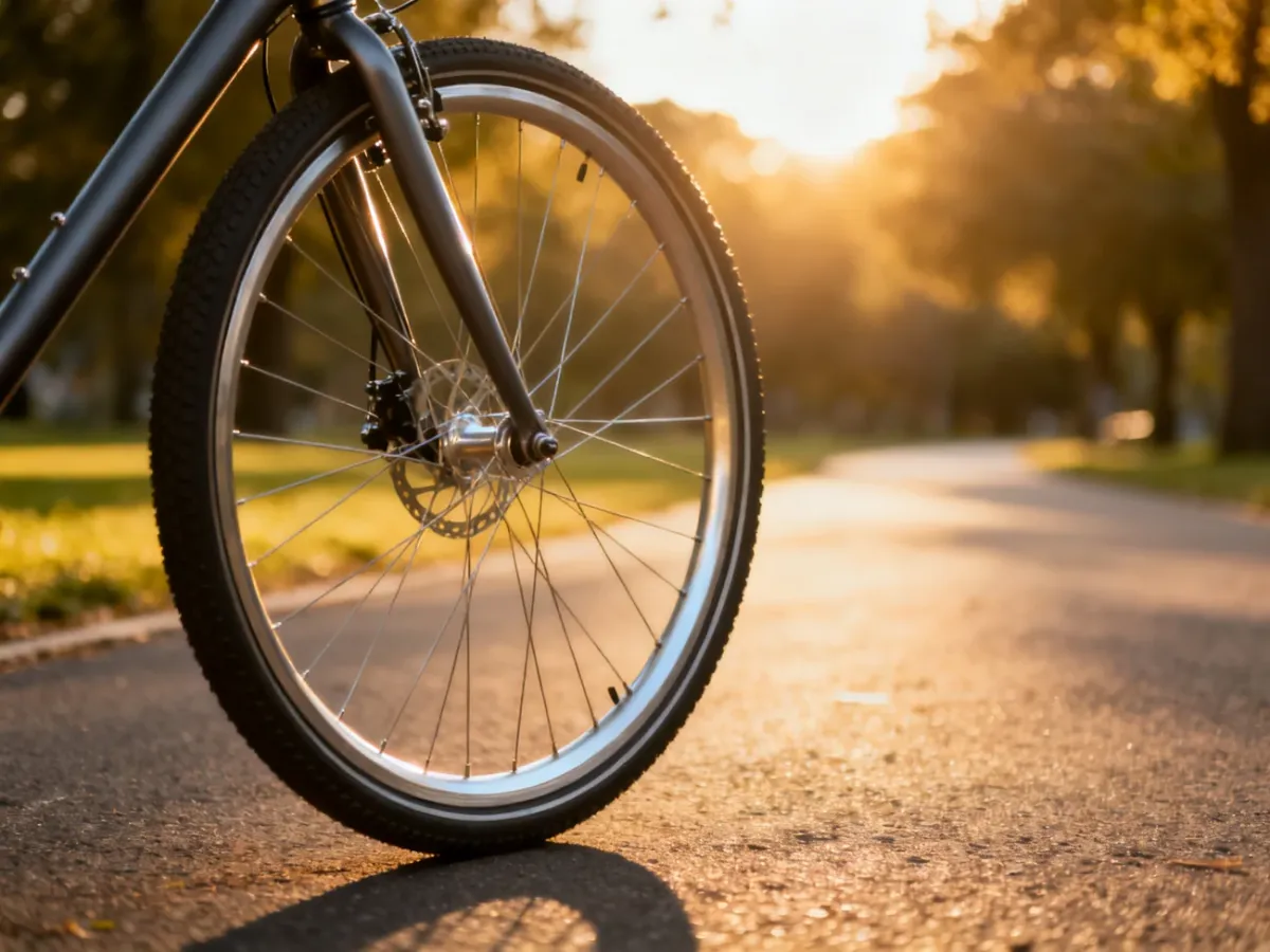 Zbliżenie na nowoczesne koło rowerowe 28 cali na asfaltowej drodze w słoneczny dzień.