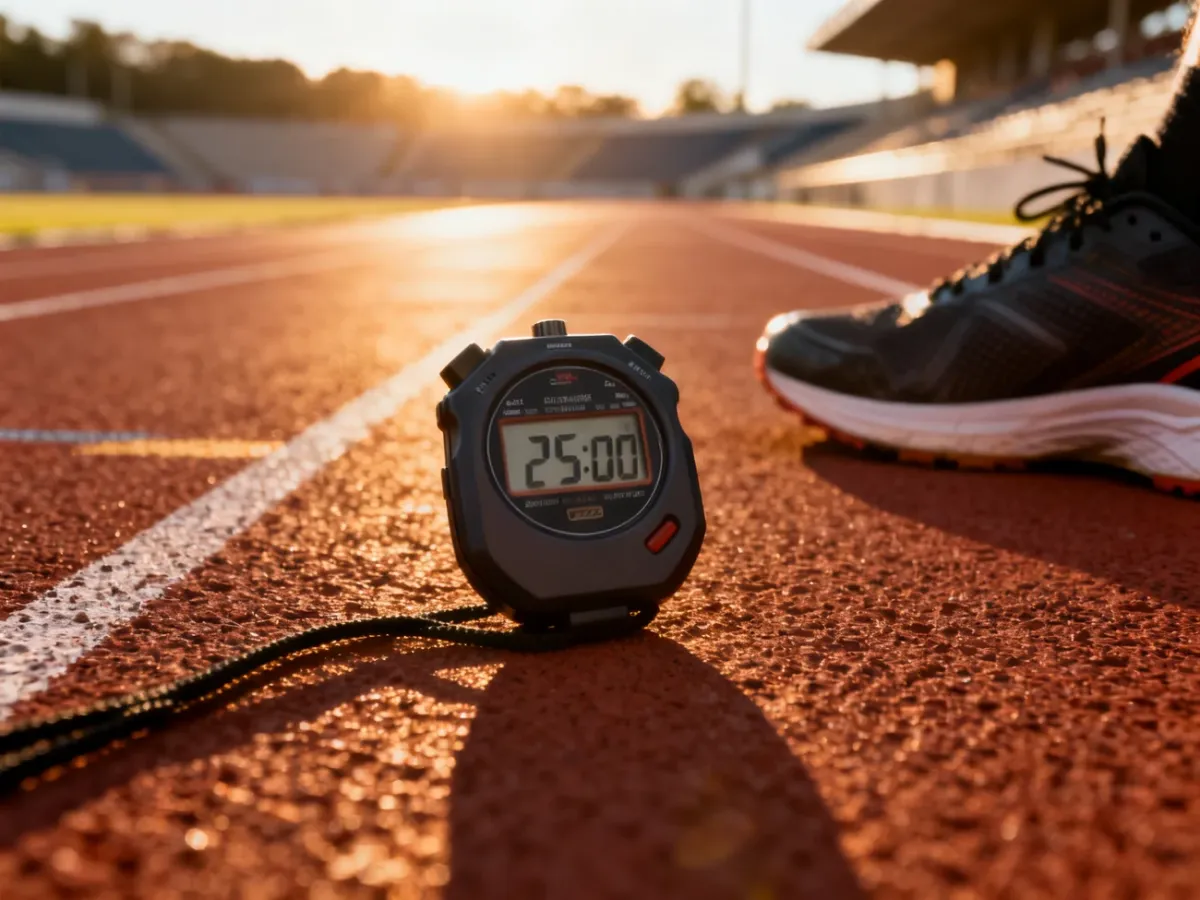 Profesjonalny stoper z wynikiem 25:00 leżący na bieżni lekkoatletycznej w świetle poranka.