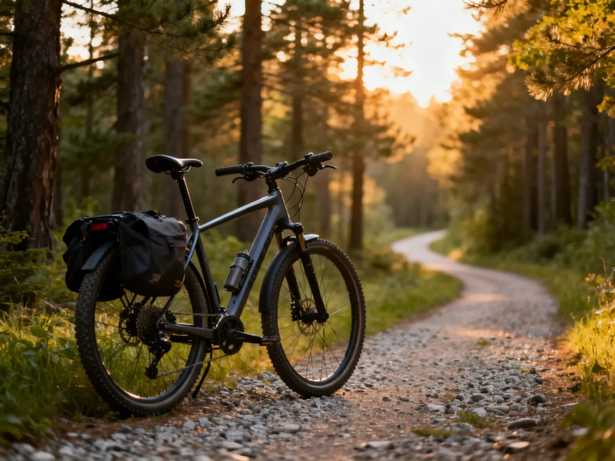 Profesjonalny rower trekkingowy z sakwami zaparkowany na leśnej ścieżce w promieniach zachodzącego słońca.