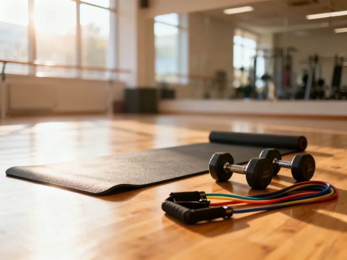Mata do ćwiczeń, hantle i taśma oporowa w słonecznym studiu fitness, przygotowane do treningu mięśni core.