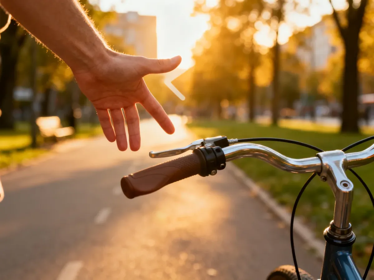 Rowerzysta wyciągający lewą rękę w bok, sygnalizujący zamiar skrętu w lewo podczas jazdy w parku.