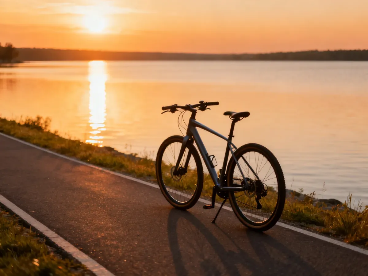 Nowoczesna ścieżka rowerowa wzdłuż brzegu jeziora Goczałkowickiego o zachodzie słońca. Zaparkowany rower na trasie.