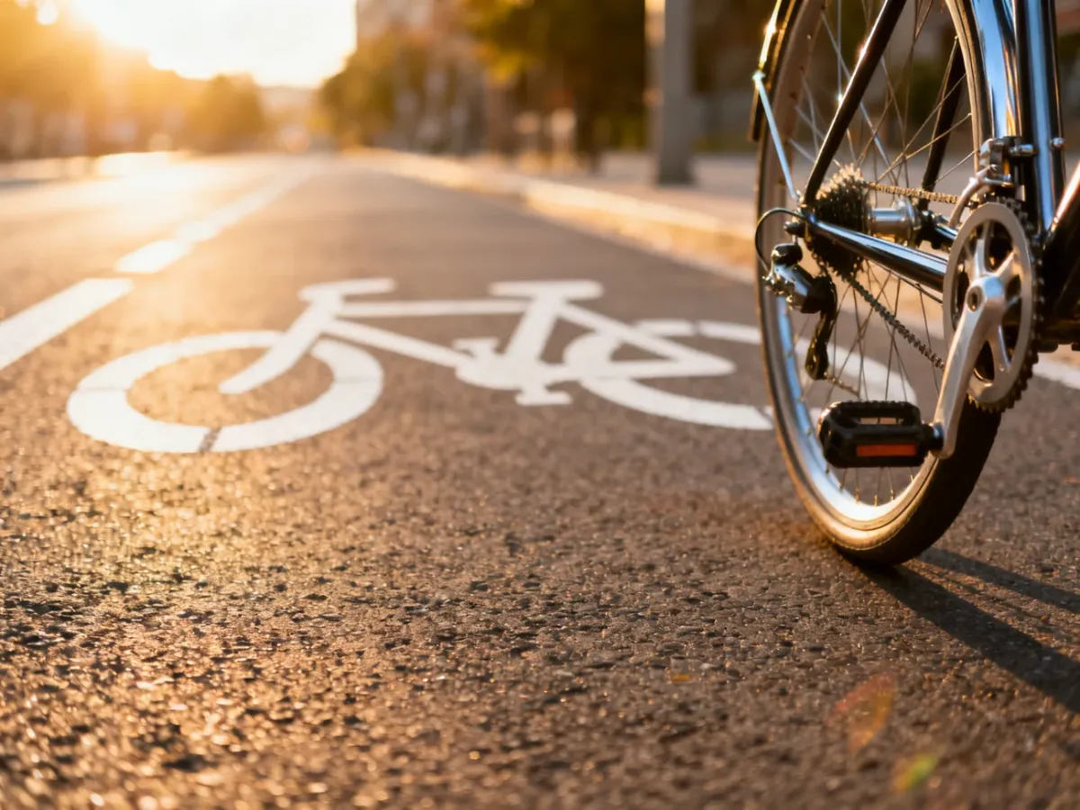 Zbliżenie na koło i pedał roweru na asfaltowej ścieżce rowerowej w słoneczny dzień.