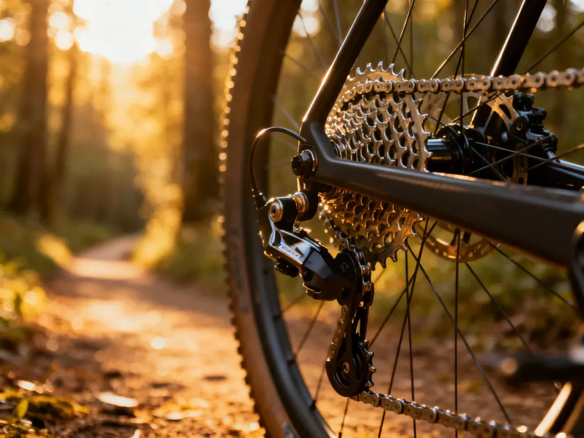 Zbliżenie na mechanizm przerzutek i łańcuch roweru na tle słonecznej leśnej ścieżki. Prezentacja precyzyjnej pracy napędu.
