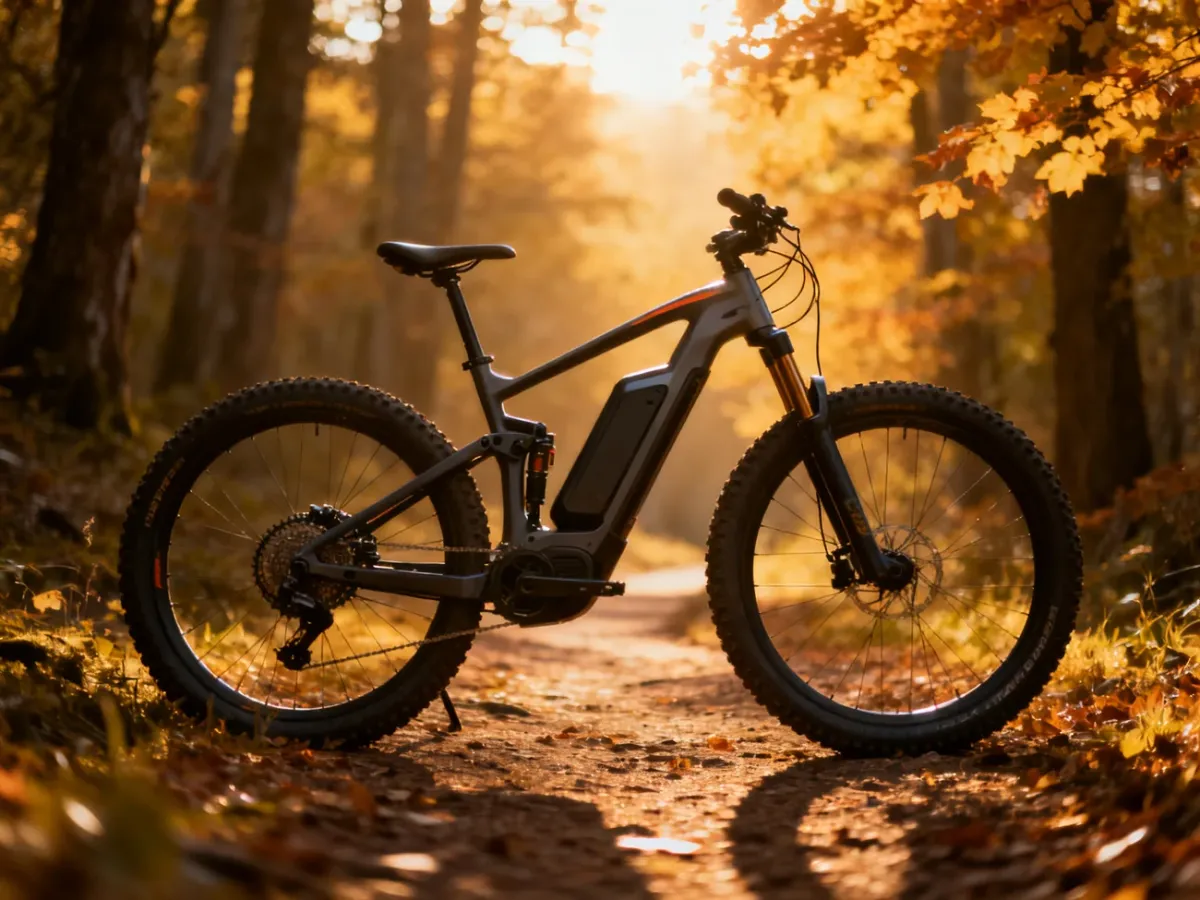 Nowoczesny rower elektryczny typu MTB zaparkowany na leśnej ścieżce w promieniach zachodzącego słońca.