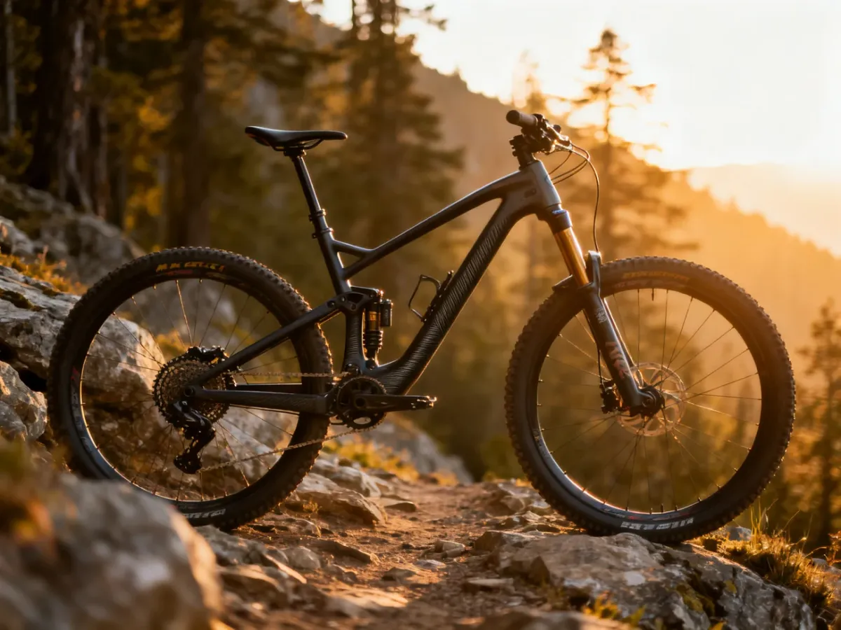Profesjonalny rower MTB z karbonową ramą stojący na górskim szlaku w blasku zachodzącego słońca.