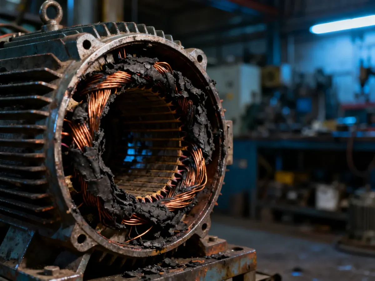 Zbliżenie na spaloną cewkę miedzianą wewnątrz silnika elektrycznego, ukazujące uszkodzoną izolację i metaliczne detale.