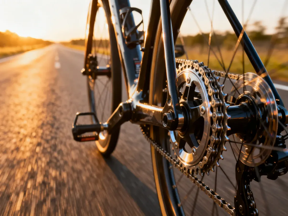Zbliżenie na precyzyjny mechanizm napędowy roweru szosowego w ruchu, z rozmytą drogą w tle podczas zachodu słońca.