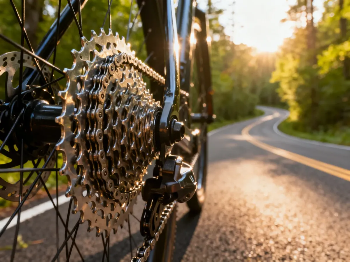 Zbliżenie na kasetę i łańcuch rowerowy w blasku słońca, ilustrujące mechanizm napędu roweru.