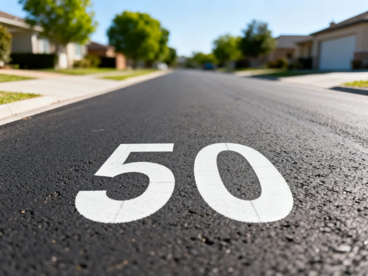 Znak ograniczenia prędkości do 50 km/h na drodze w terenie zabudowanym.