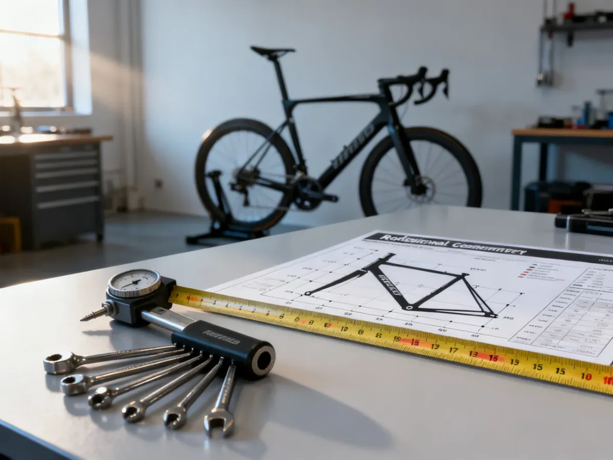 Tabela geometrii ramy roweru szosowego wraz z narzędziami pomiarowymi, ułatwiająca precyzyjne dopasowanie sprzętu do wzrostu.