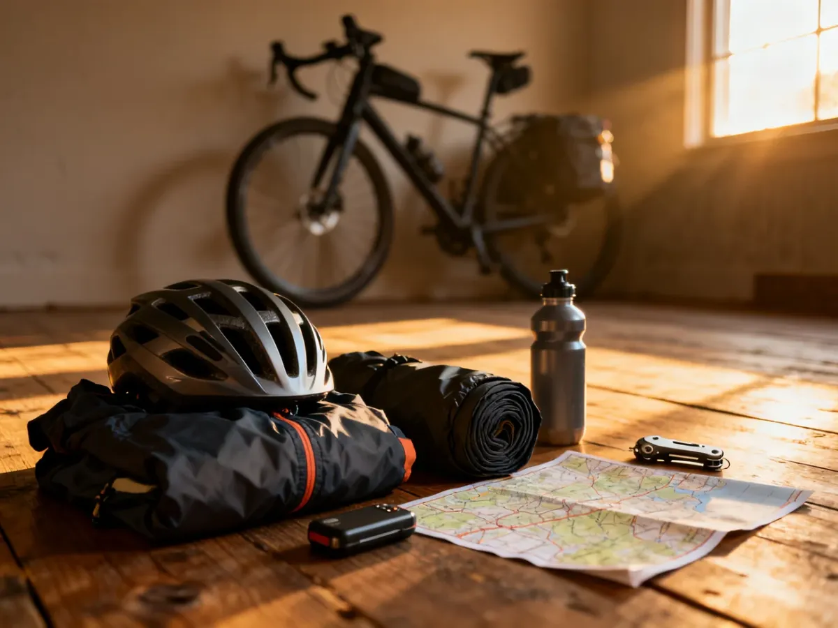 Zestaw niezbędnego wyposażenia rowerowego na wyprawę: kask, kurtka, narzędzia i mapa rozłożone na drewnianym podłożu.