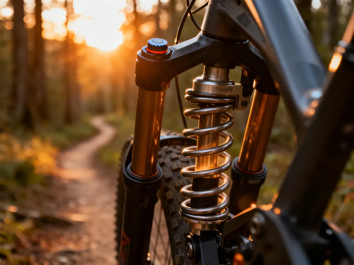 Zbliżenie na mechanizm amortyzatora rowerowego z widoczną sprężyną i zaworem powietrznym na tle leśnej ścieżki.