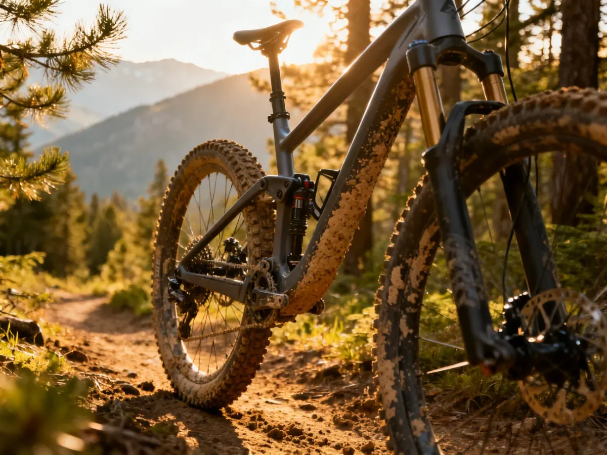 Nowoczesny rower MTB z zabłoconymi oponami na leśnej ścieżce w świetle zachodzącego słońca.
