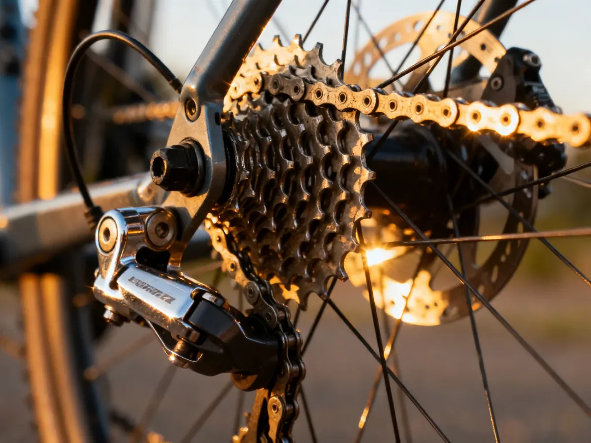 Zbliżenie na czysty mechanizm przerzutki rowerowej z łańcuchem i zębatkami w ciepłym świetle zachodzącego słońca.