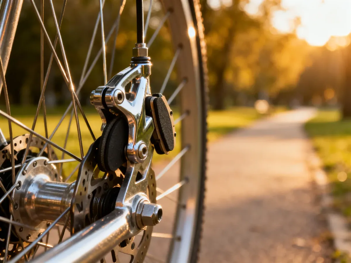 Zbliżenie na nowoczesny mechanizm hamulca typu V-brake zamontowany na kole roweru, ukazujące detale konstrukcji.