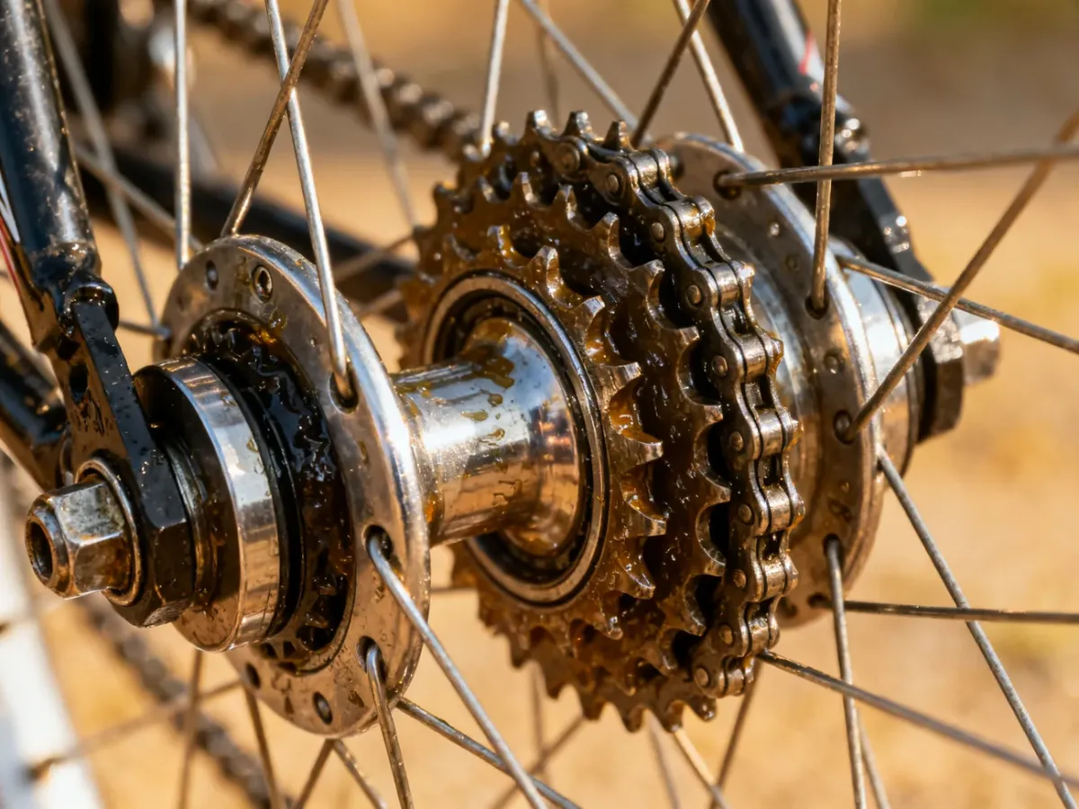 Zbliżenie na precyzyjny mechanizm planetarny przerzutki w piaście rowerowej z widocznymi metalowymi zębatkami.