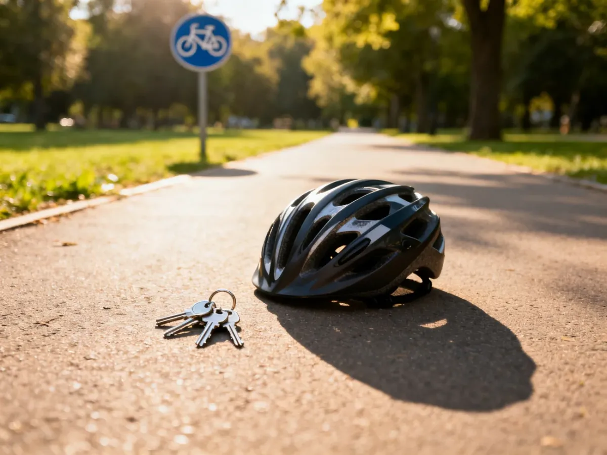 Kask rowerowy i klucze do roweru leżące na parkowej ścieżce w pobliżu znaku drogowego dla rowerzystów.