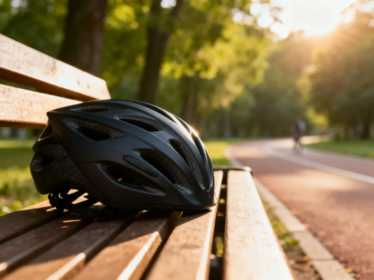 Nowoczesny kask rowerowy na drewnianej ławce w parku, z rozmytą ścieżką rowerową w tle.