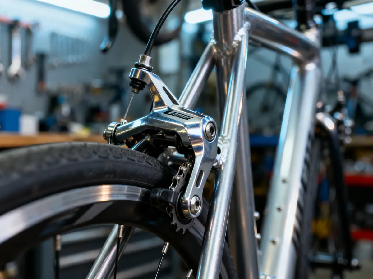 Zbliżenie na precyzyjny mechanizm przedniej przerzutki rowerowej zamontowanej na metalowej ramie w profesjonalnym warsztacie.