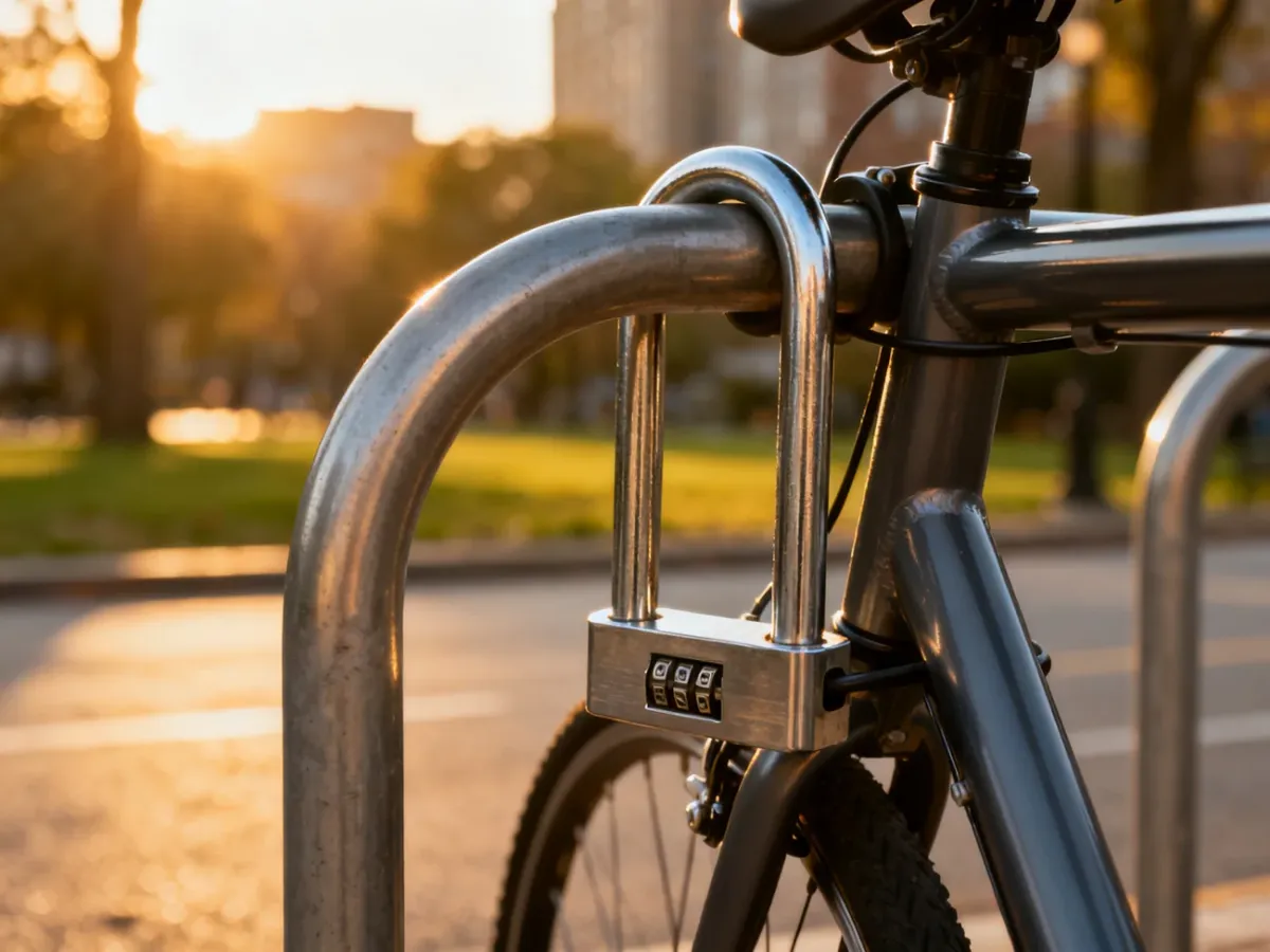 Solidne zapięcie typu U-lock zabezpieczające ramę roweru do miejskiego stojaka w świetle zachodzącego słońca.