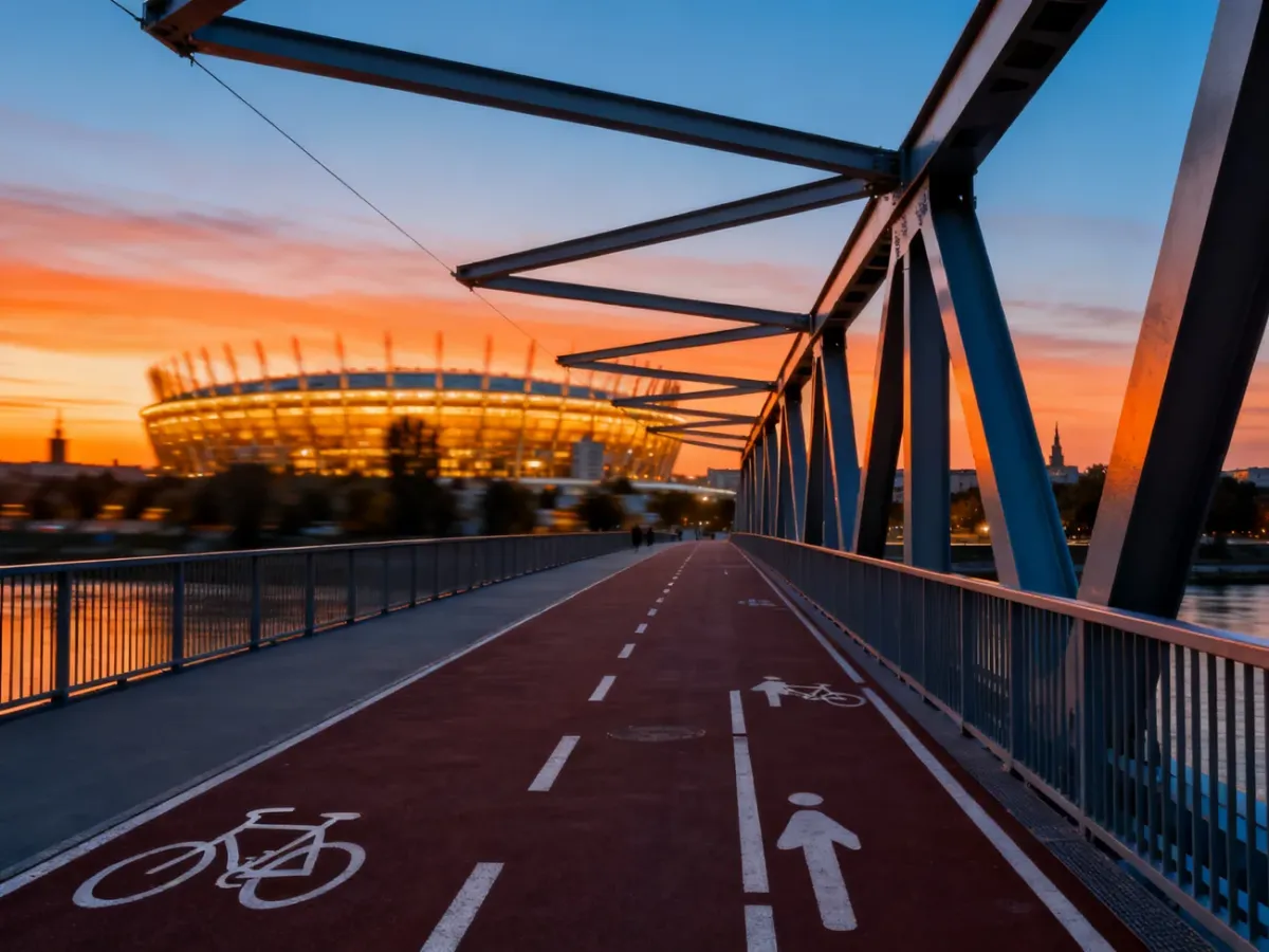 Nowoczesna kładka pieszo-rowerowa nad Wisłą w Warszawie o zachodzie słońca z widokiem na Stadion Narodowy.