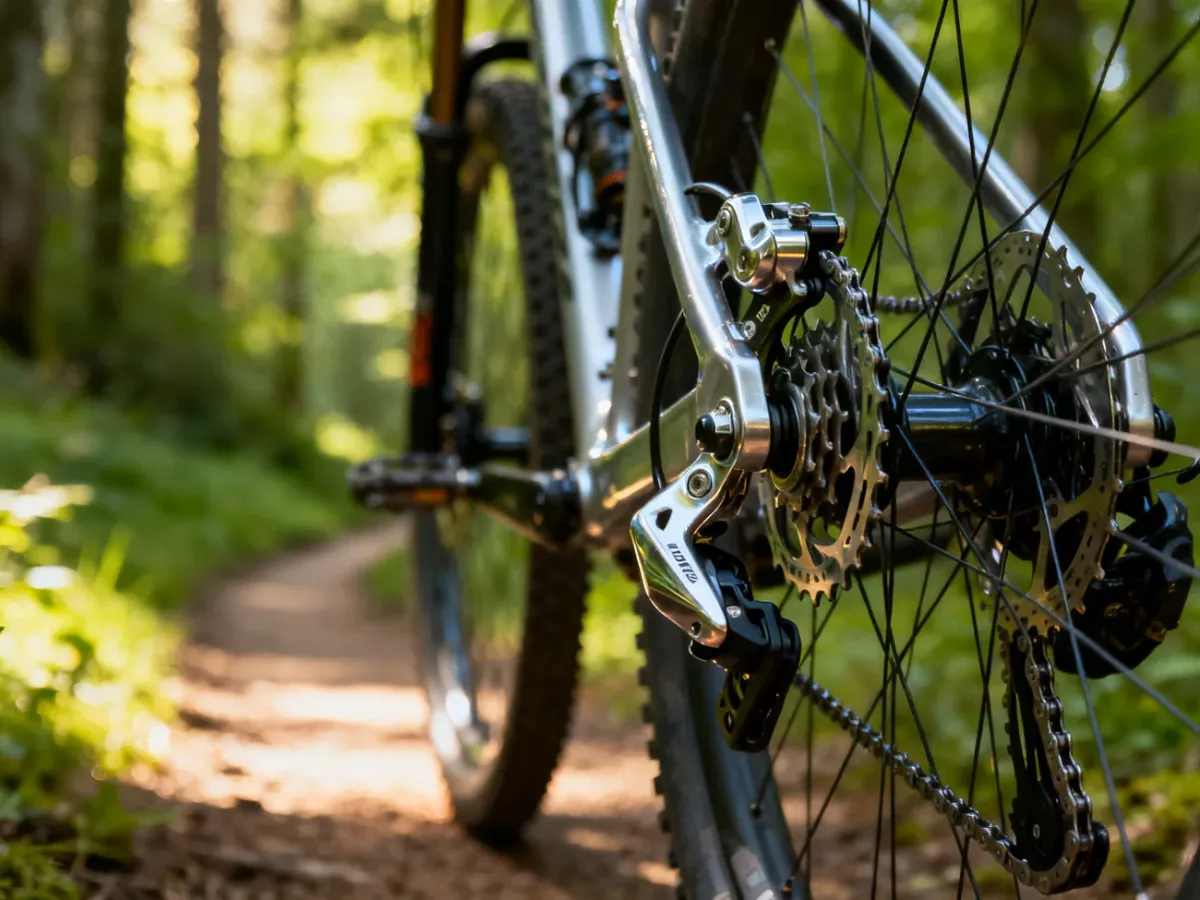 Zbliżenie na mechanizm przerzutek i łańcuch roweru górskiego na tle leśnej ścieżki.