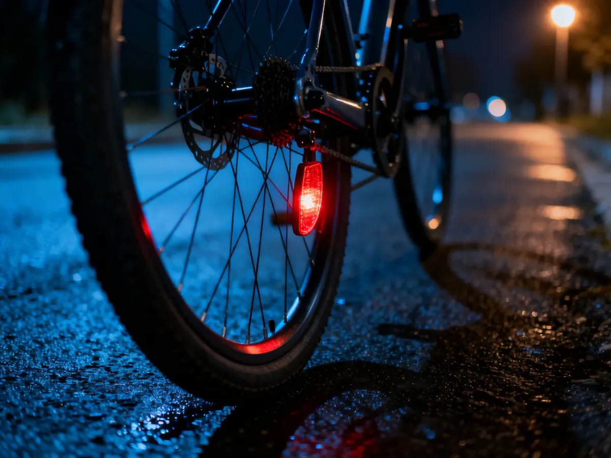 Czerwony odblask zamontowany na szprychach koła rowerowego, widoczny w świetle ulicznej latarni na nocnej drodze.