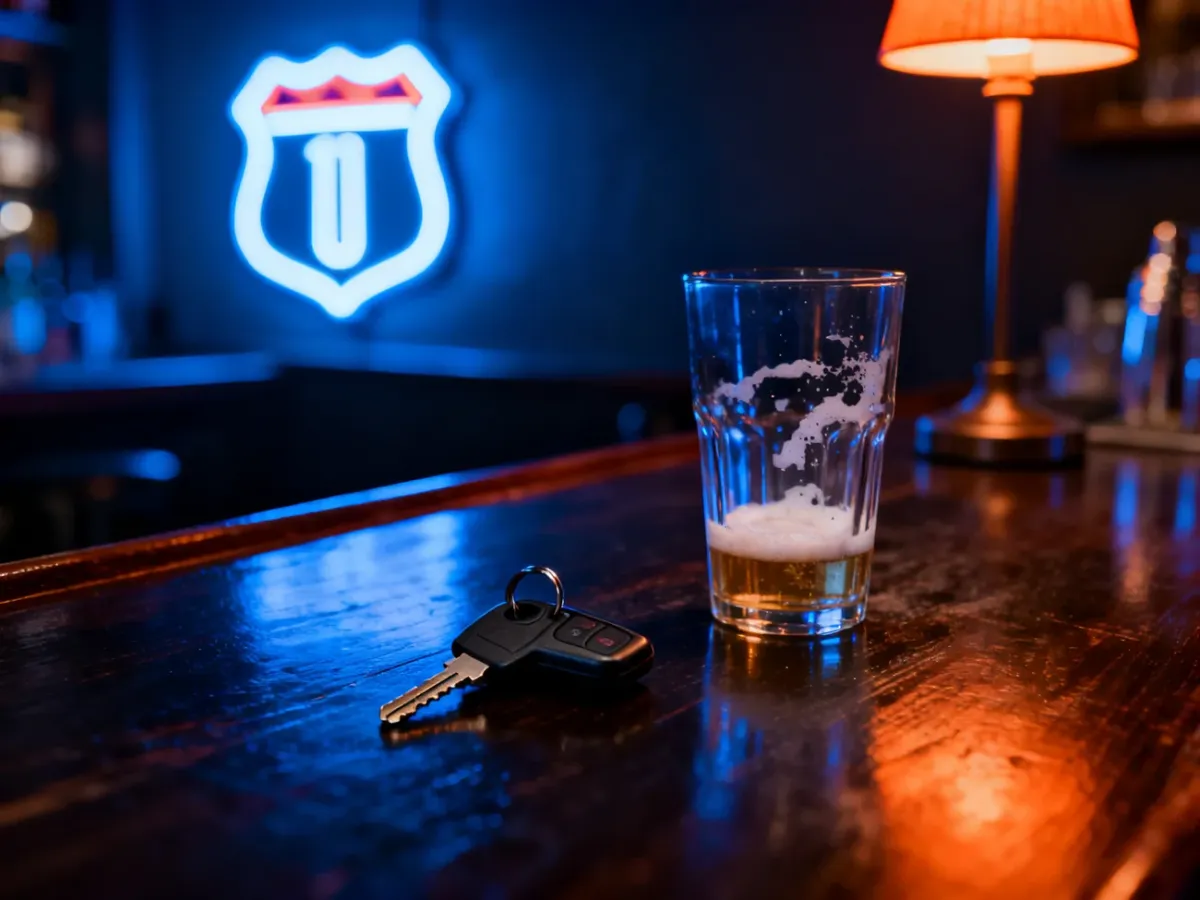 Kluczyki do samochodu leżące na barowym stole obok pustego kufla piwa, symbolizujące zagrożenie prowadzenia po alkoholu.