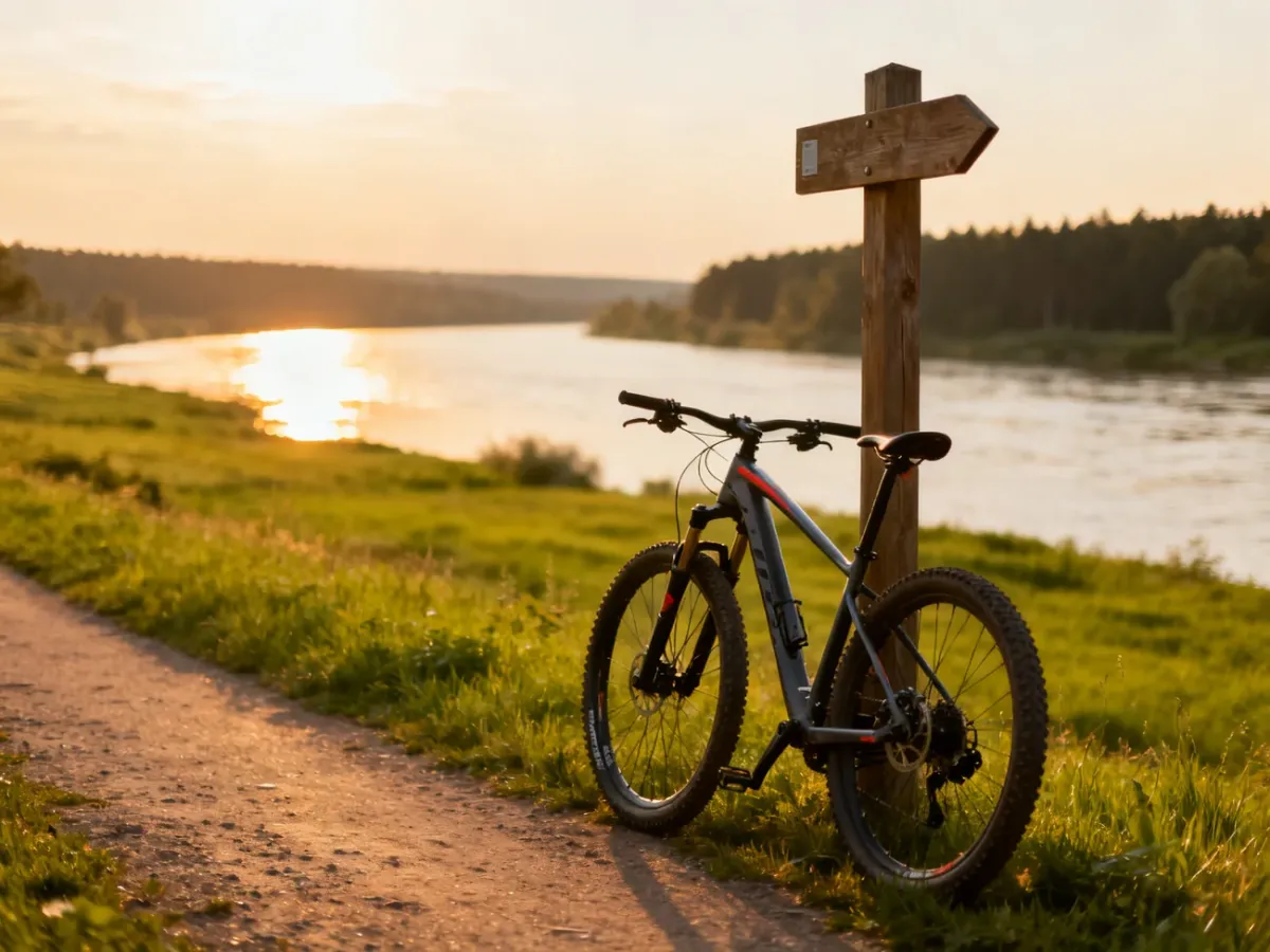 Nowoczesny rower górski przy znaku szlaku rowerowego nad Wisłą w promieniach zachodzącego słońca.