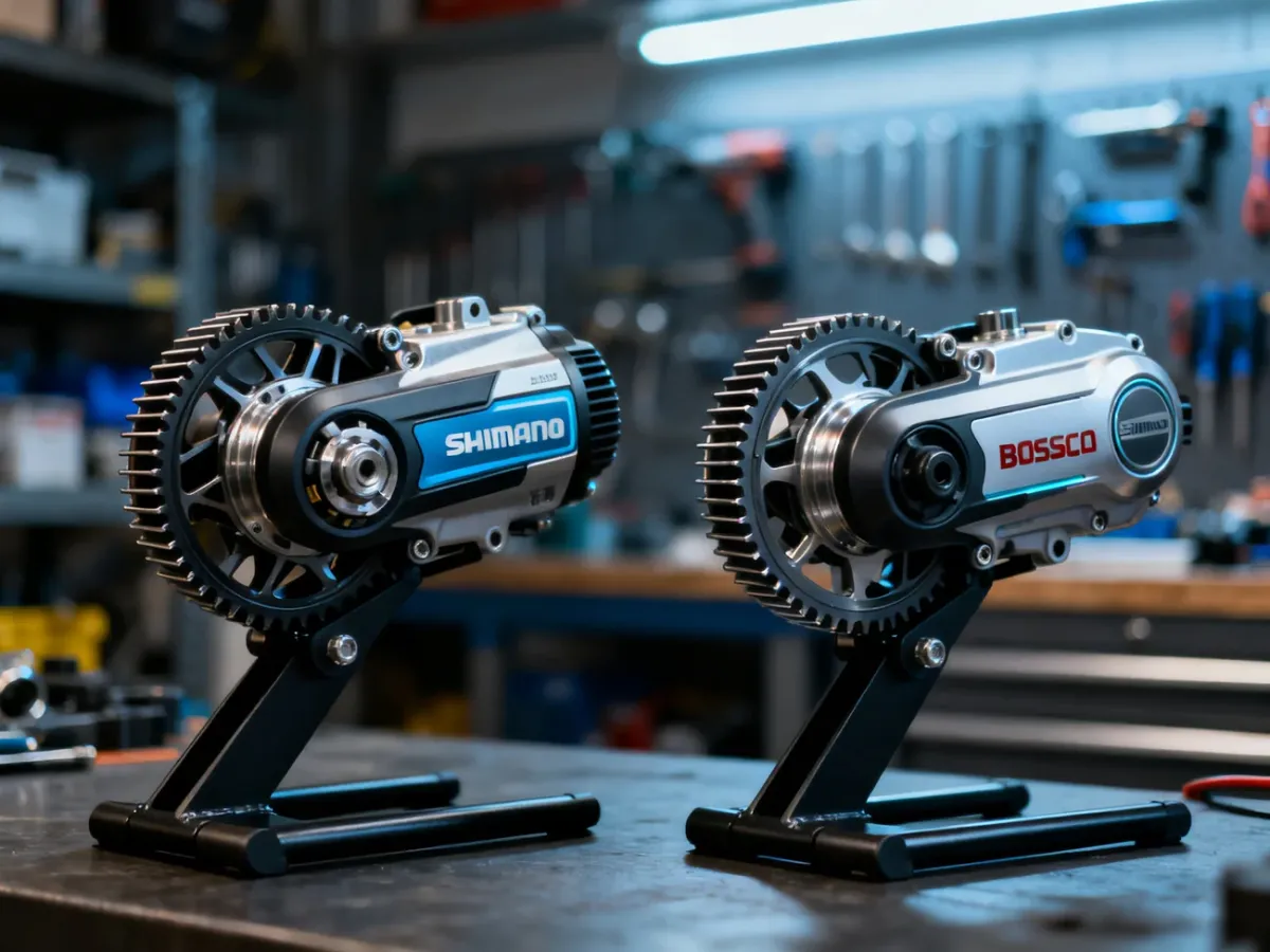 Silniki elektryczne Shimano i Bosch zamontowane na stojakach serwisowych, gotowe do porównania technicznego.