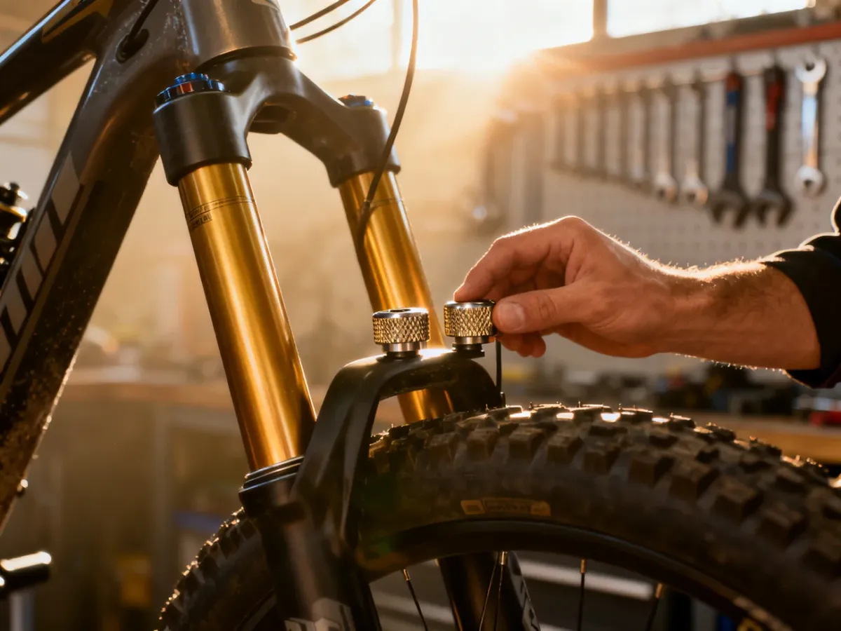 Dłoń mechanika regulująca pokrętła tłumienia w amortyzatorze rowerowym w profesjonalnym serwisie.