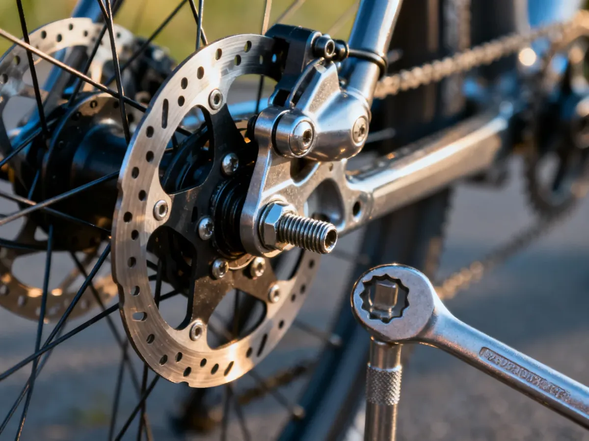 Zbliżenie na mechaniczny zacisk hamulca tarczowego w rowerze oraz narzędzie służące do regulacji naciągu linki.