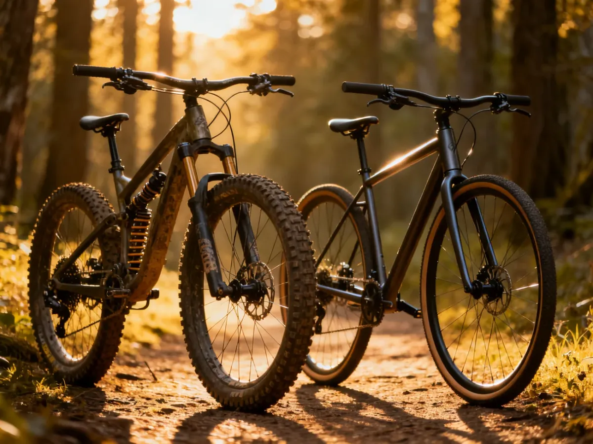 Porównanie roweru górskiego z grubymi oponami i smukłego roweru crossowego zaparkowanych na leśnej ścieżce.