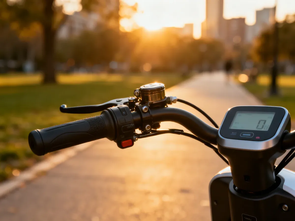 Zbliżenie na kierownicę roweru elektrycznego z widoczną manetką gazu i cyfrowym wyświetlaczem w słonecznym parku.
