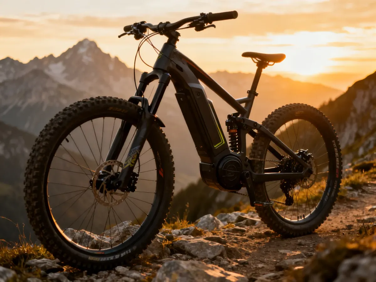 Nowoczesny rower elektryczny MTB zaparkowany na górskim szlaku podczas zachodu słońca.