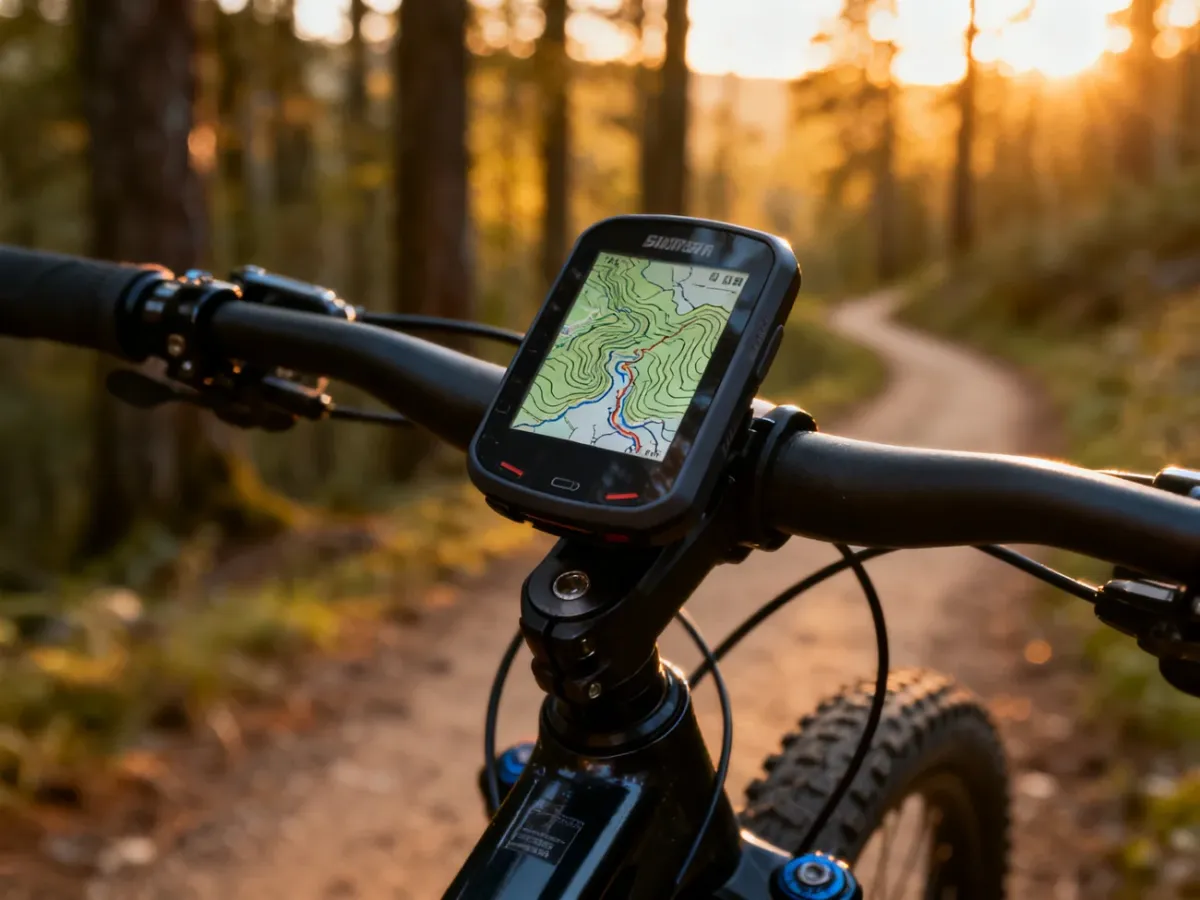 Zaawansowany licznik rowerowy z mapą topograficzną zamontowany na kierownicy roweru górskiego na tle leśnej ścieżki.