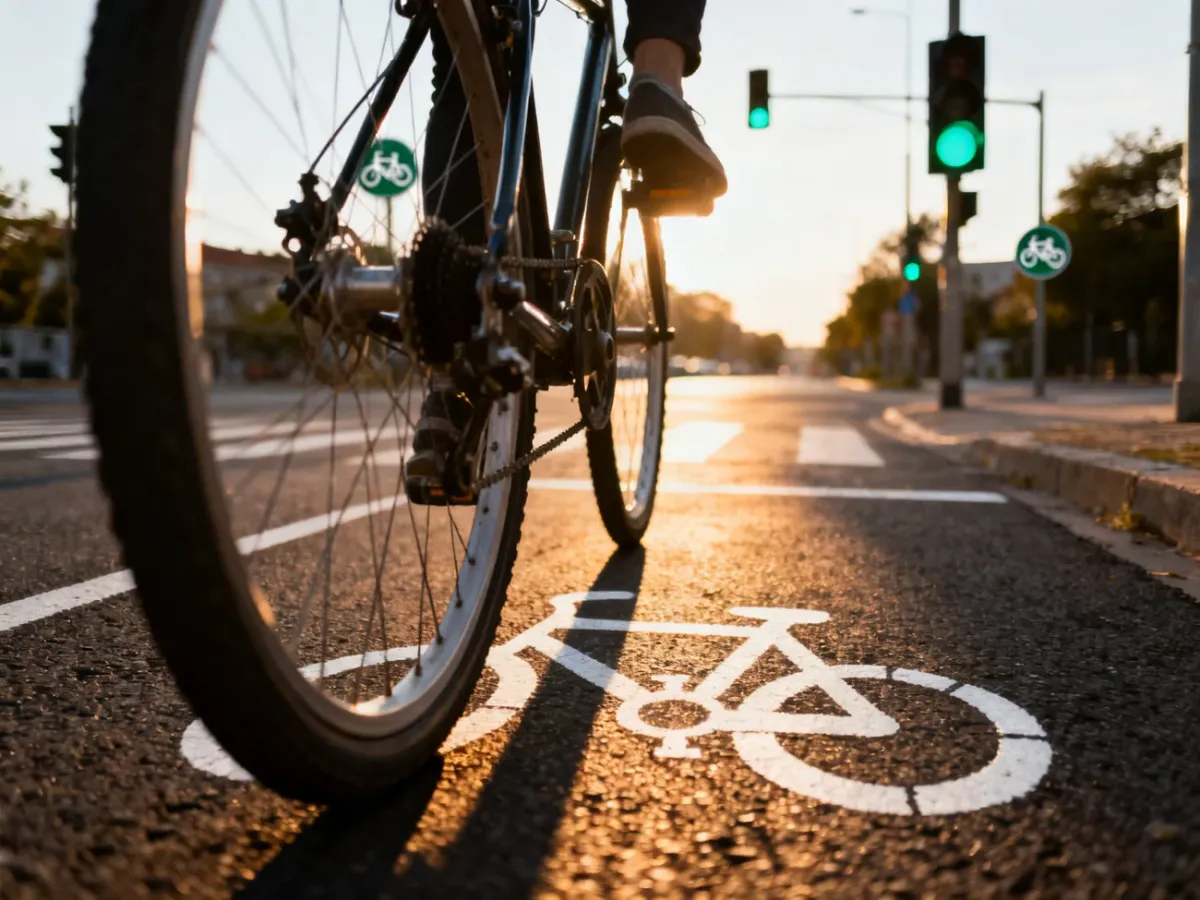 Nowoczesna ścieżka rowerowa w centrum miasta z wyraźnym oznakowaniem poziomym i sygnalizacją świetlną dla rowerzystów.