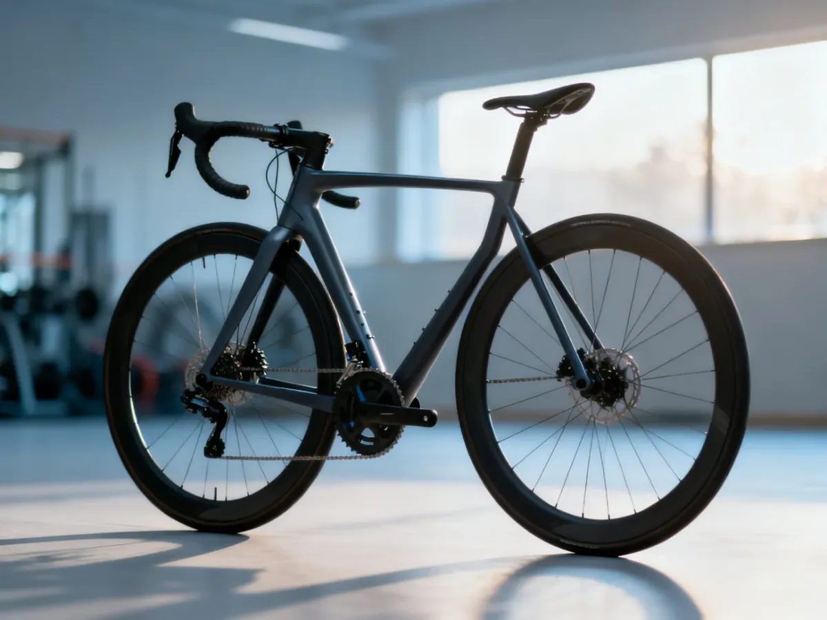 Nowoczesny rower szosowy w studiu, prezentujący ergonomiczną geometrię ramy, kierownicy i siodełka.