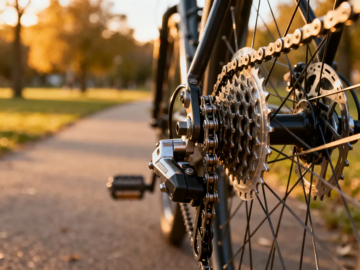 Zbliżenie na mechanizm tylnej przerzutki roweru z widocznymi zębatkami i ogniwami łańcucha w trakcie pracy.